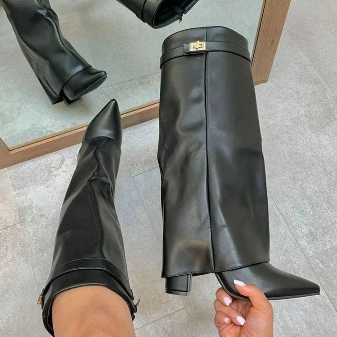 Women's Suede Knee-High Buckle Strap Thigh-High Boots - Black Suede