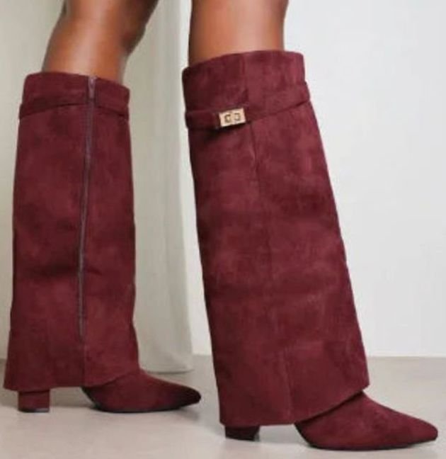 Women's Suede Knee-High Buckle Strap Thigh-High Boots - Red Suede Plush