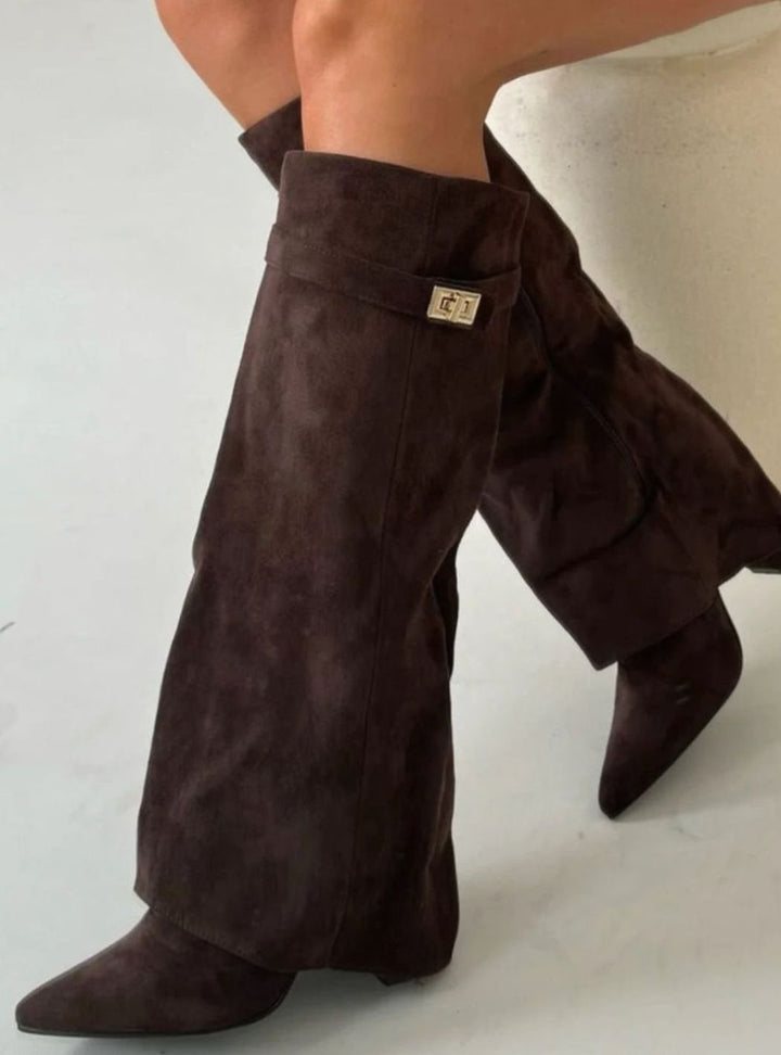 Women's Suede Knee-High Fold-Over Buckle Thigh-High Boots - Brown Suede