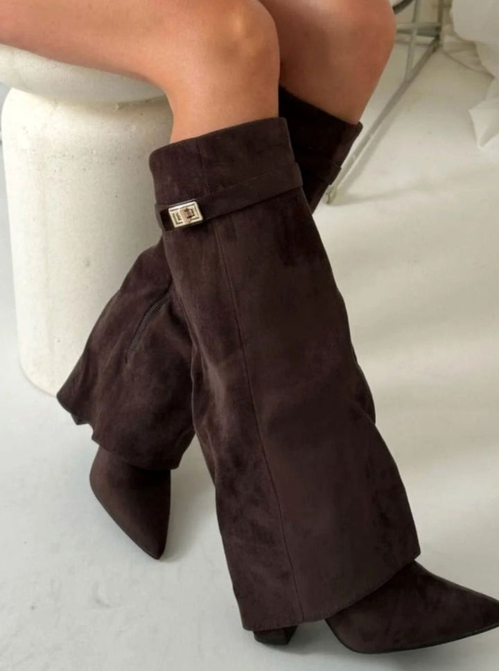 Women's Suede Knee-High Fold-Over Buckle Thigh-High Boots