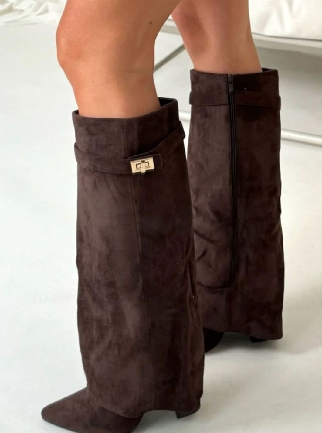 Women's Suede Knee-High Fold-Over Buckle Thigh-High Boots