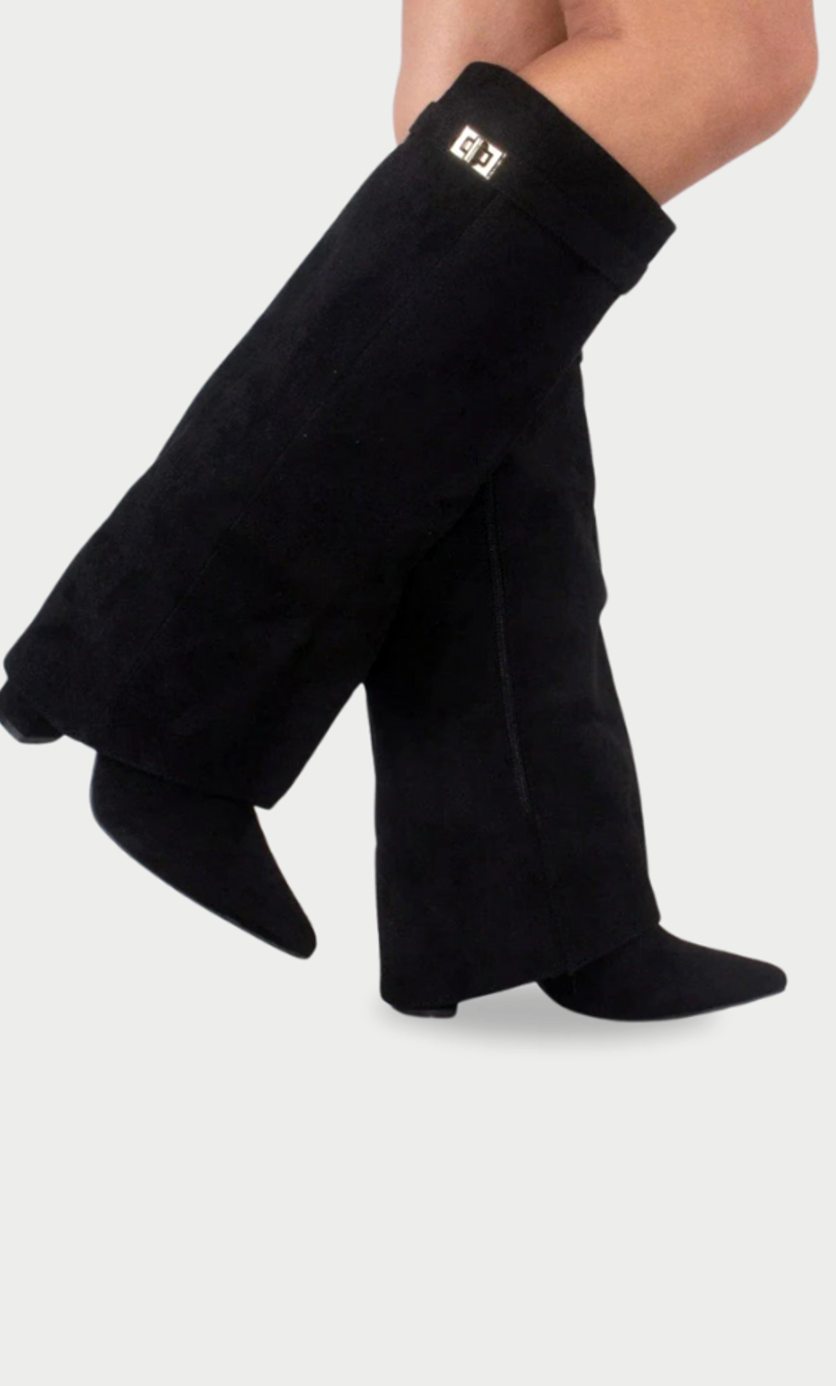 Women's Suede Knee-High Fold-Over Buckle Thigh-High Boots - Black Suede