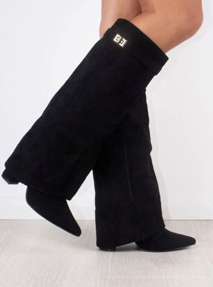 Women's Suede Knee-High Fold-Over Buckle Thigh-High Boots