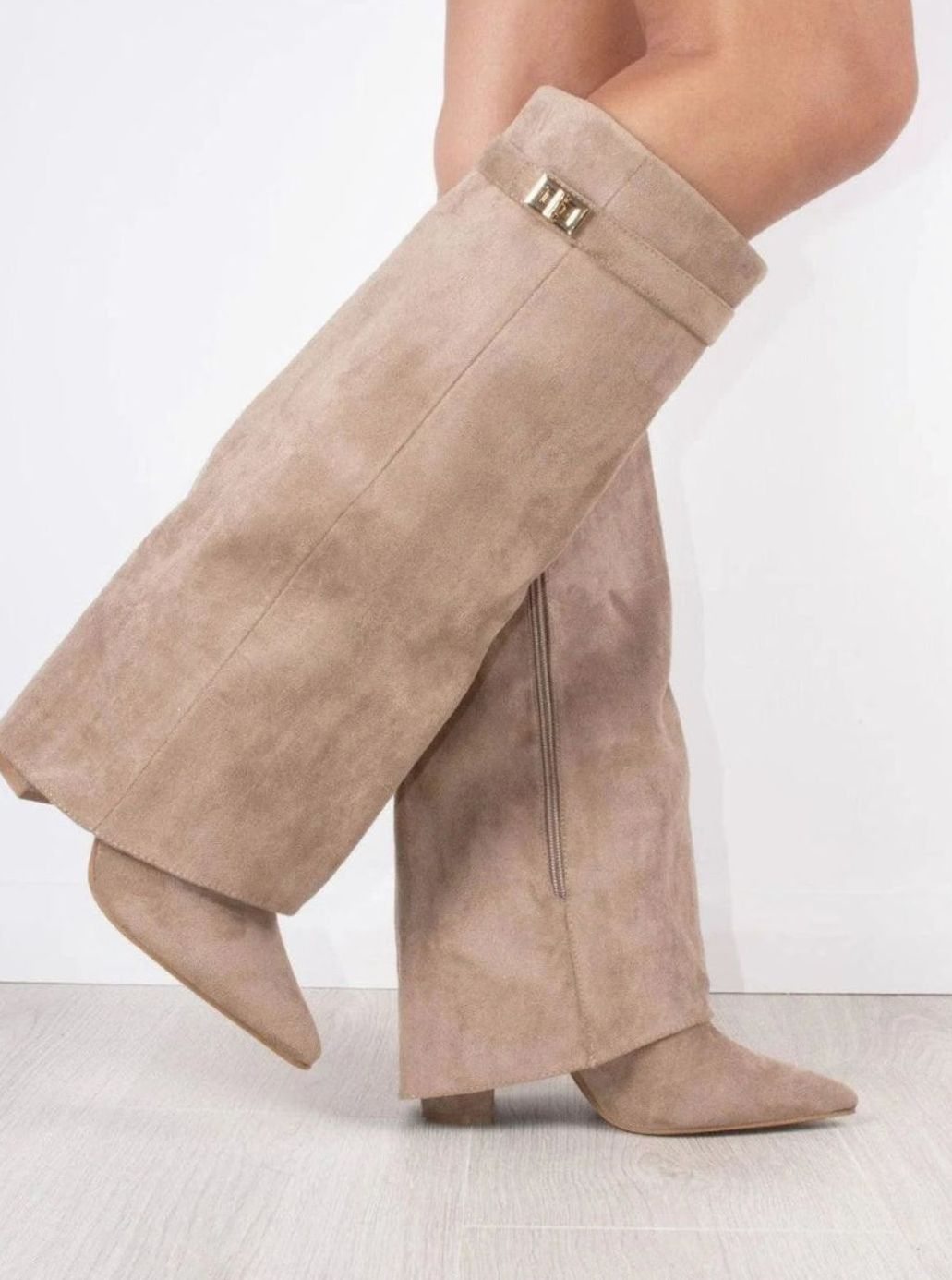 Women's Suede Knee-High Fold-Over Buckle Thigh-High Boots - Beige Suede