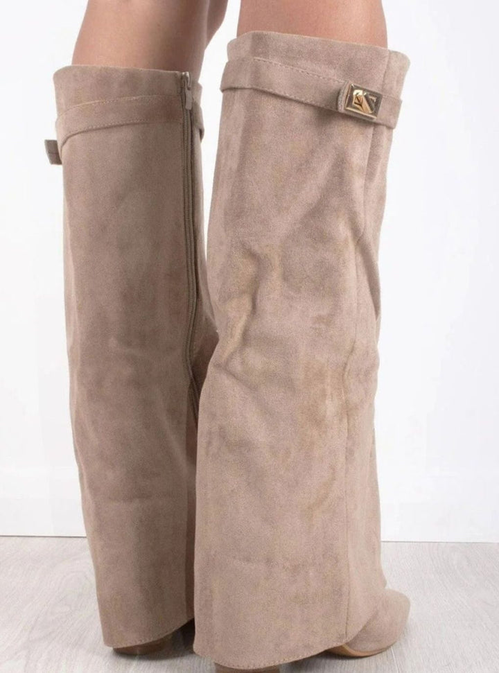 Women's Suede Knee-High Fold-Over Buckle Thigh-High Boots