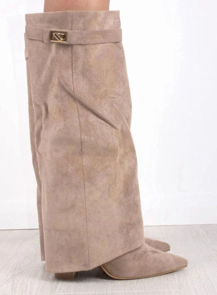Women's Suede Knee-High Fold-Over Buckle Thigh-High Boots