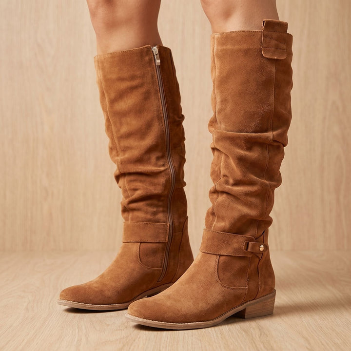 Women's Suede Knee-High Slouch Block-Heel Boots - Brown