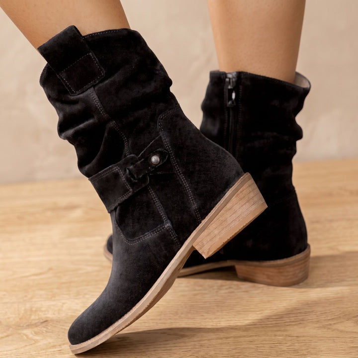 Women's Suede Knee-High Slouch Block-Heel Boots - Black 2