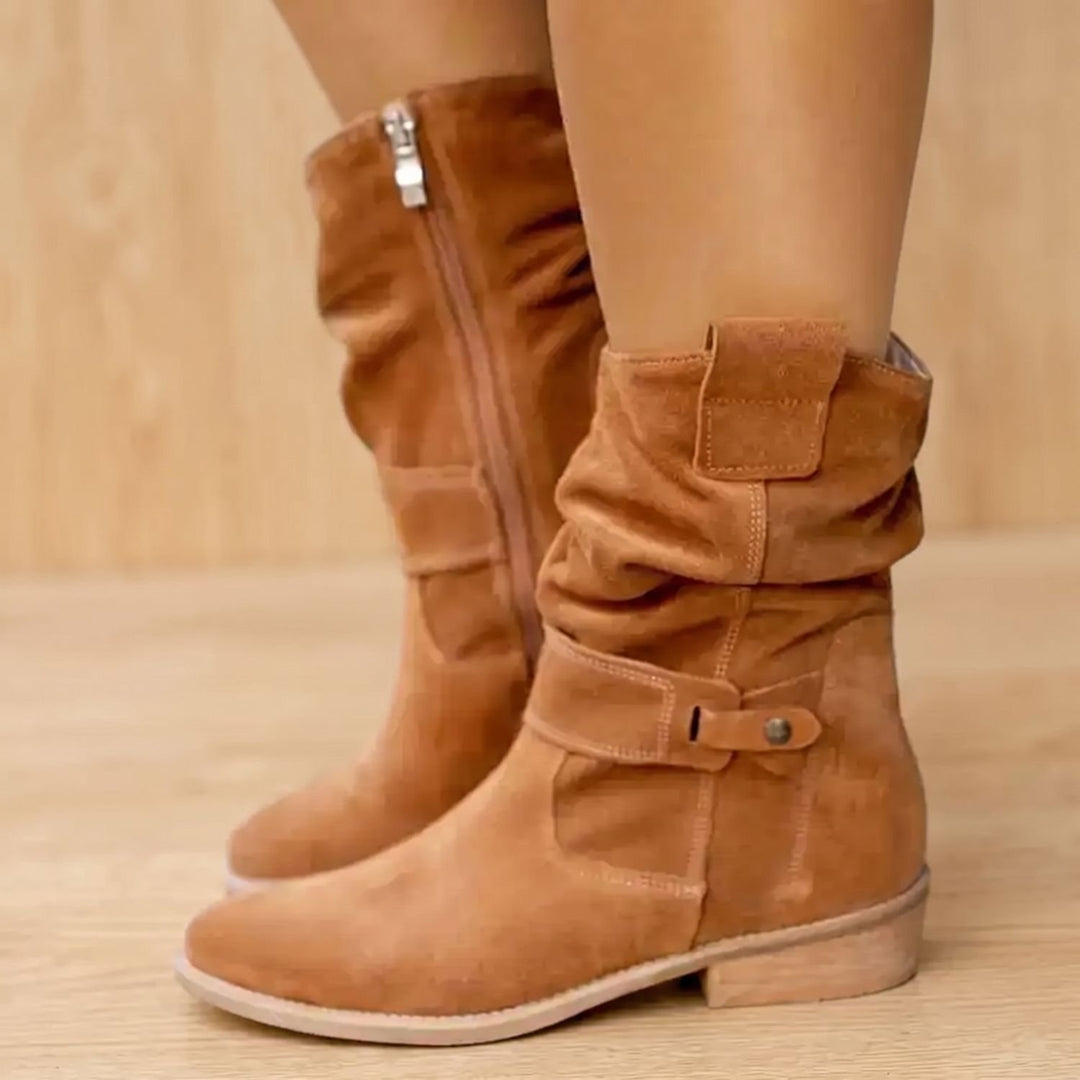 Women's Suede Knee-High Slouch Block-Heel Boots - Brown 2