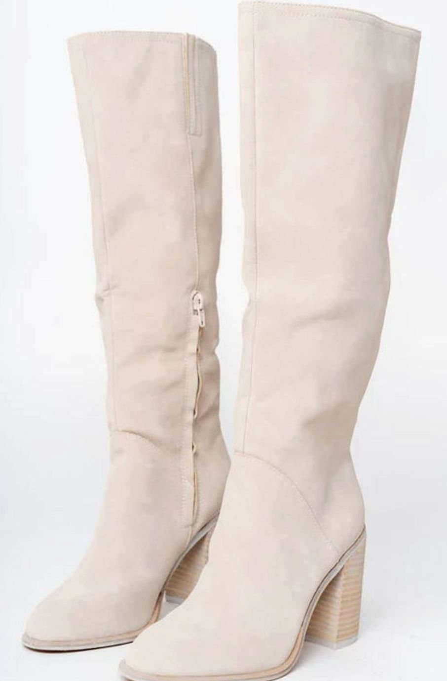 Women's Suede-Look Block Heel Knee-High Boots - Beige