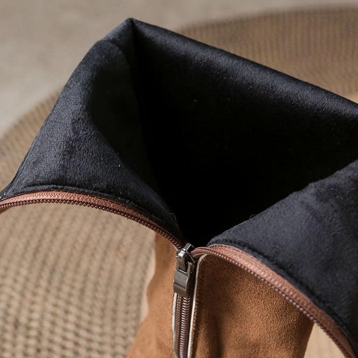 Women's Suede-Look Block Heel Knee High Boots Gold Button Detail
