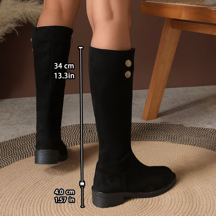 Women's Suede-Look Block Heel Knee High Boots Gold Button Detail