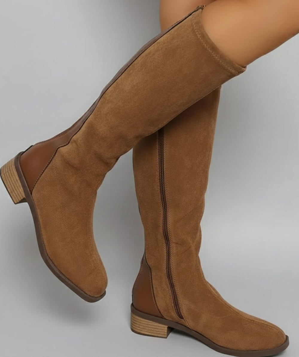 Women's Suede-Look Knee High Boots Low Block Heel Side Zip - Light Brown
