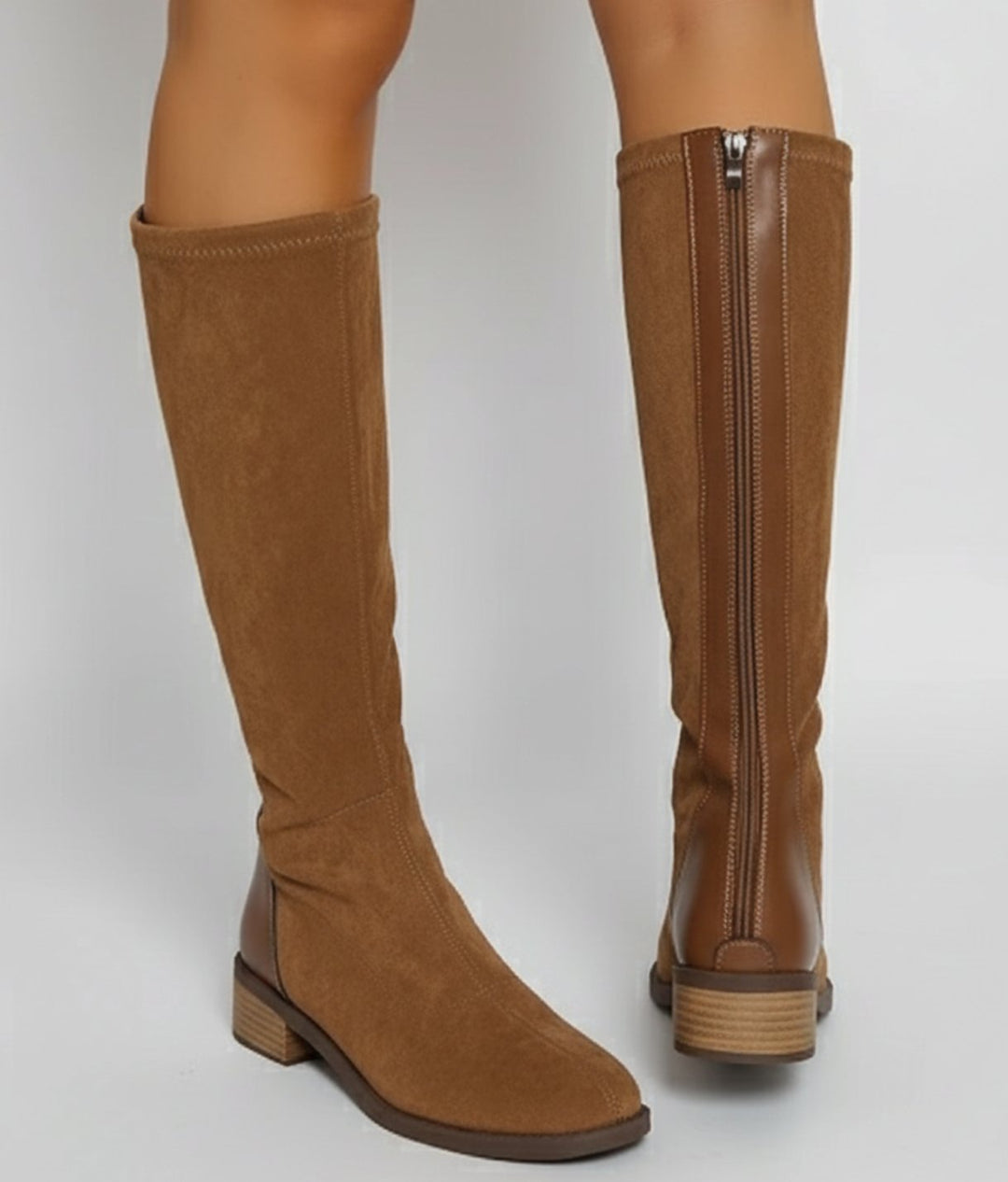 Women's Suede-Look Knee High Boots Low Block Heel Side Zip