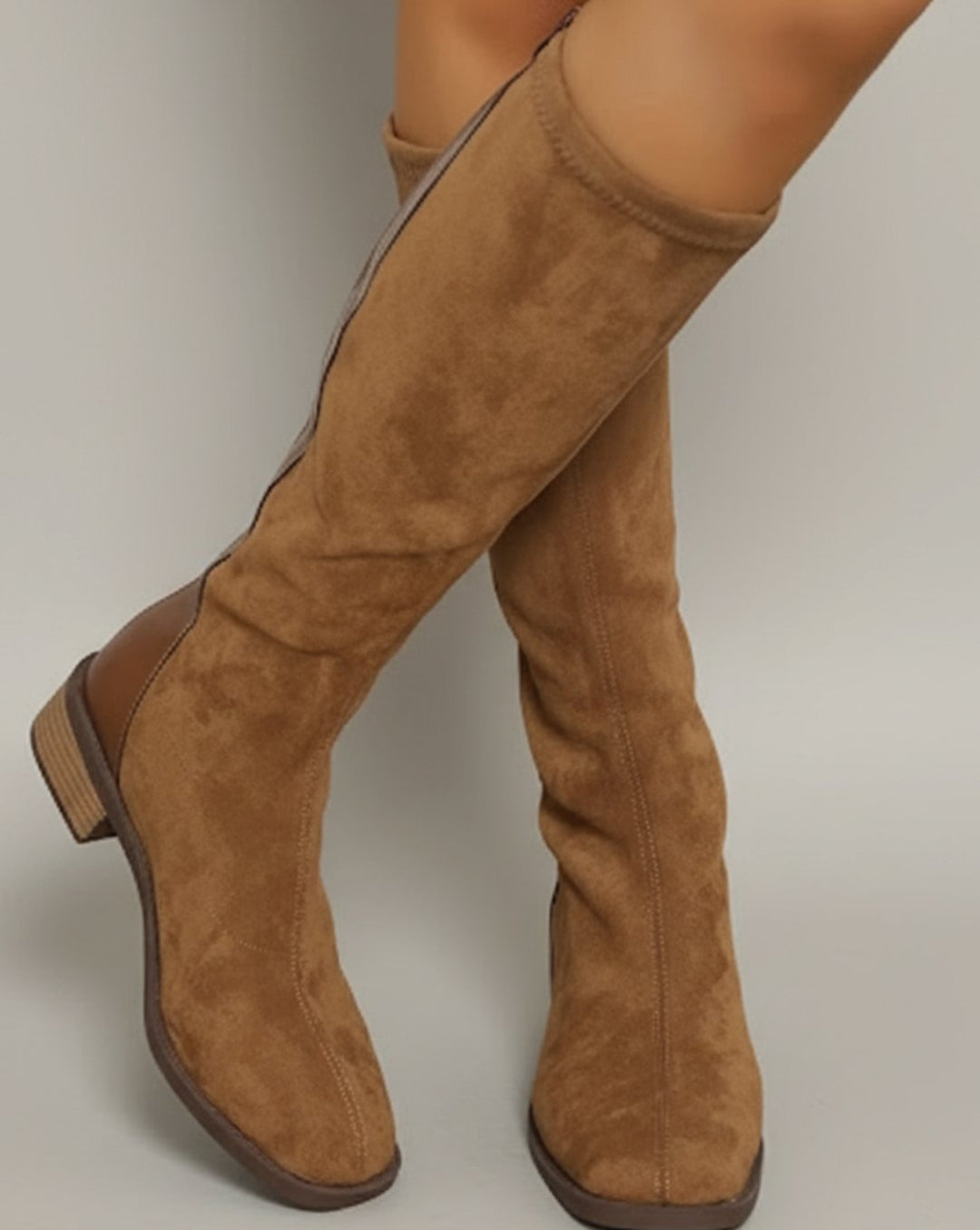 Women's Suede-Look Knee High Boots Low Block Heel Side Zip