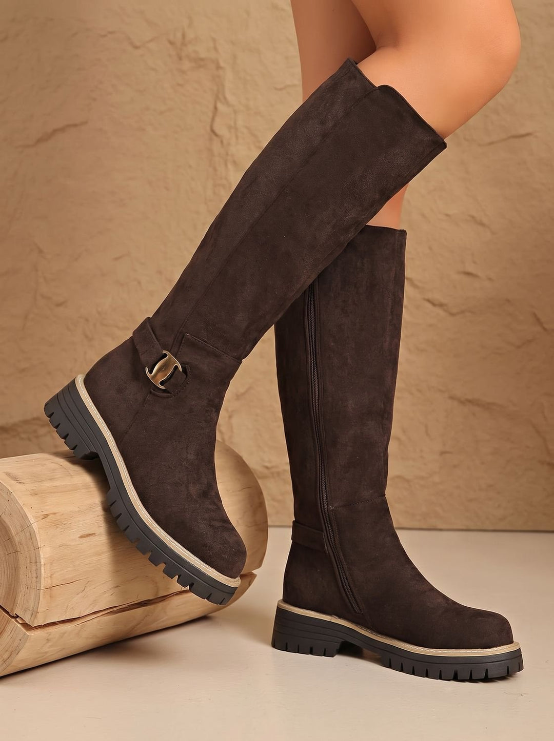 Women's Suede-Look Low Block Heel Knee High Boots
