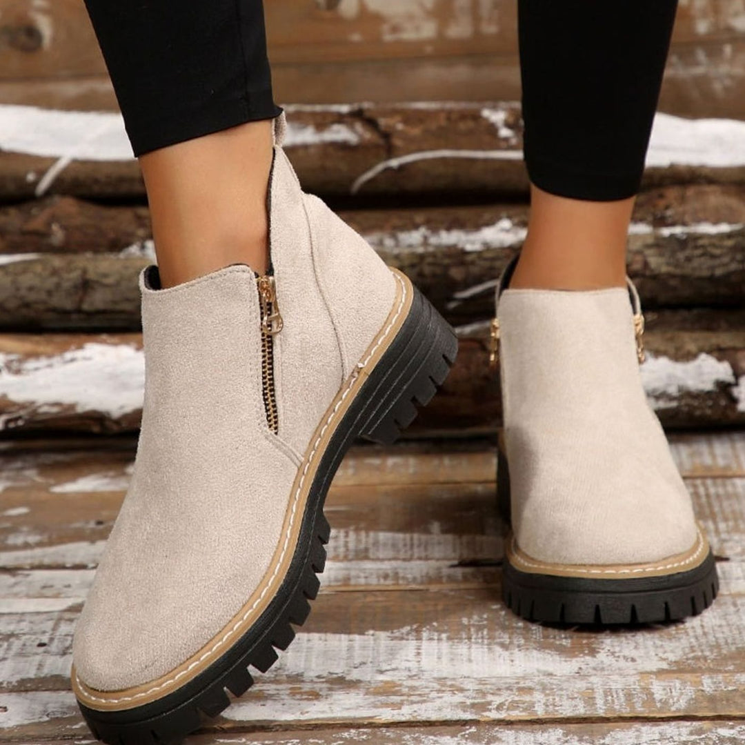 Women's Suede-Look Platform Ankle Boots Side Zipper Round Toe - Beige