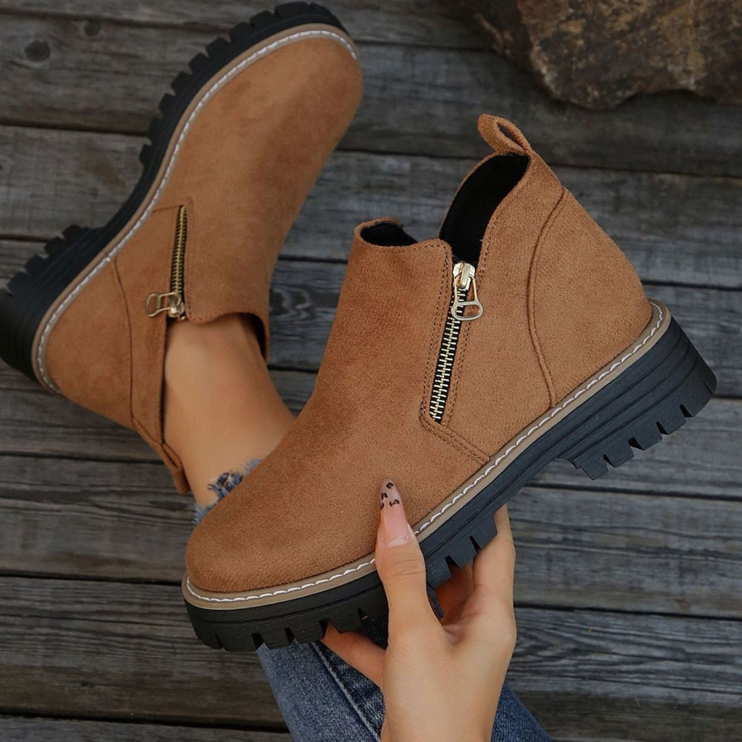 Women's Suede-Look Platform Ankle Boots Side Zipper Round Toe - Brown