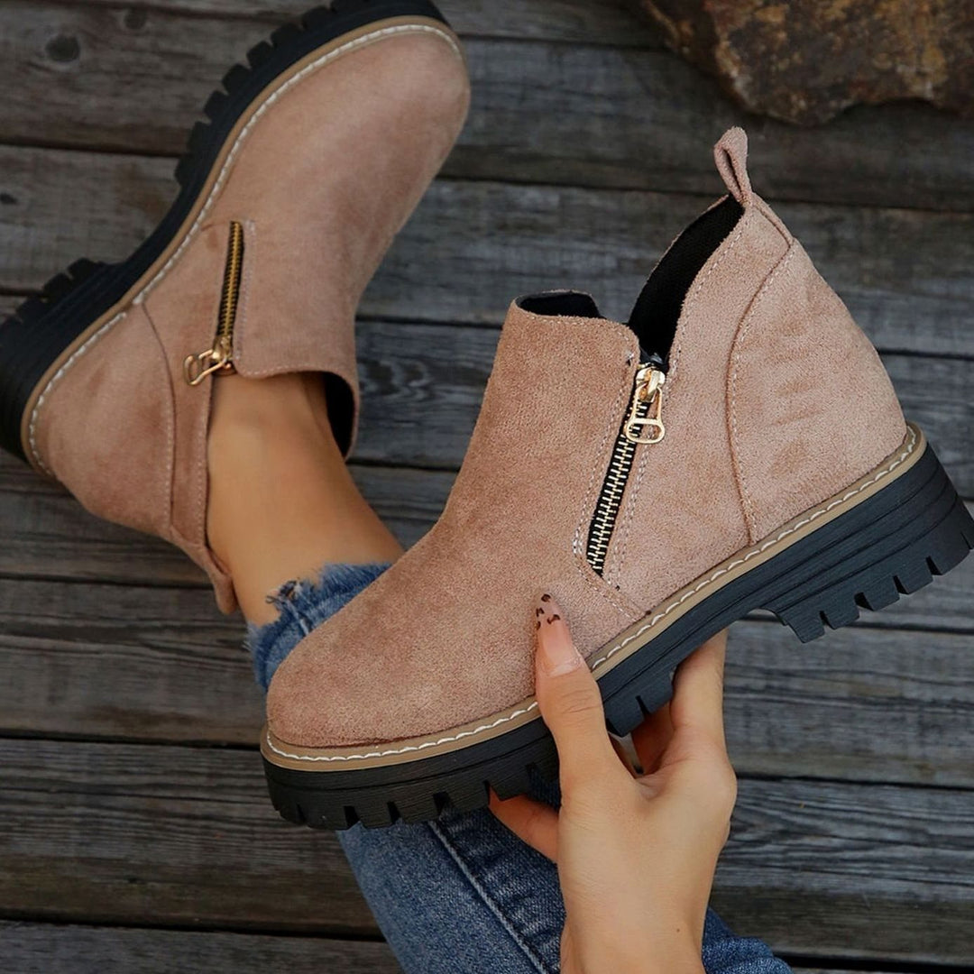 Women's Suede-Look Platform Ankle Boots Side Zipper Round Toe - Pink
