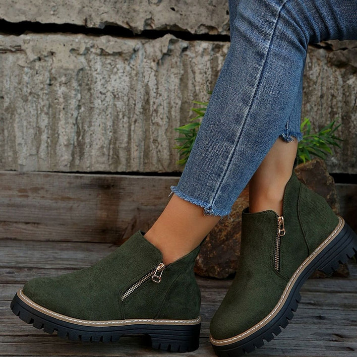 Women's Suede-Look Platform Ankle Boots Side Zipper Round Toe - Green