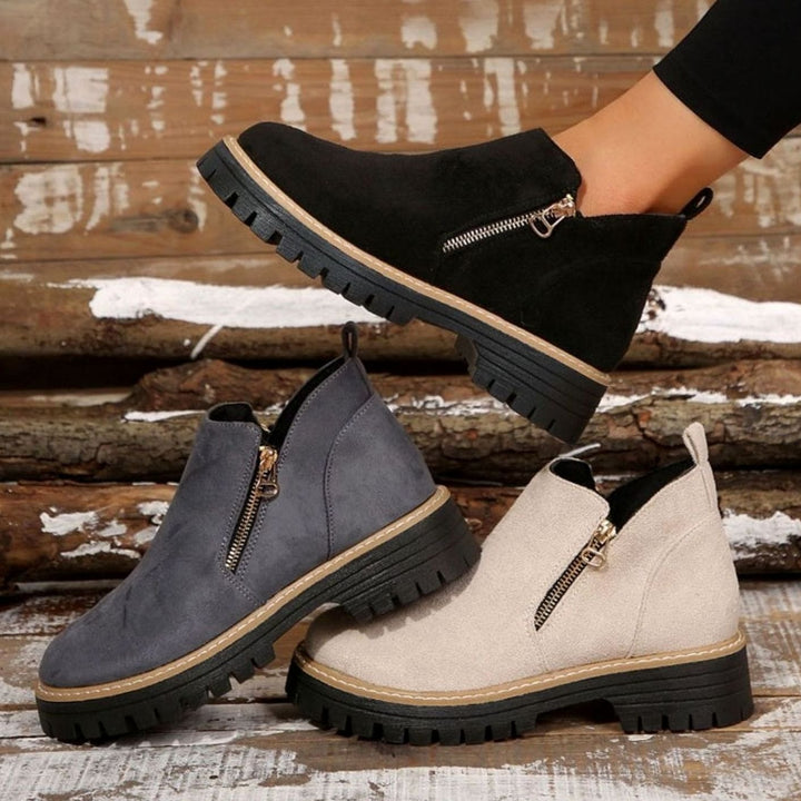Women's Suede-Look Platform Ankle Boots Side Zipper Round Toe