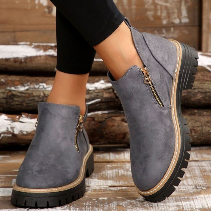 Women's Suede-Look Platform Ankle Boots Side Zipper Round Toe - Gray