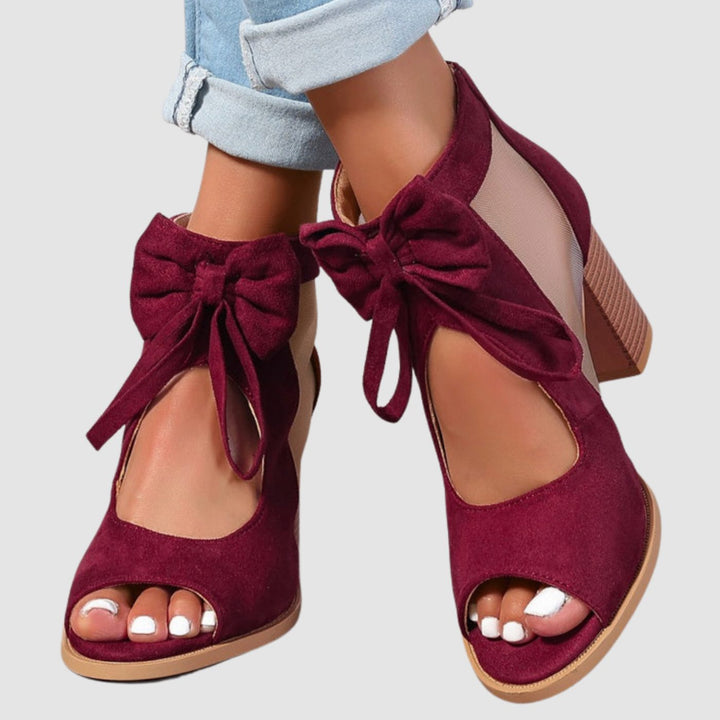 Women's Suede Peep-Toe Block-Heel Bow-Tie Sandals - Burgundy