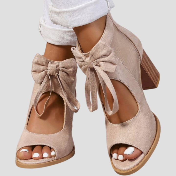 Women's Suede Peep-Toe Block-Heel Bow-Tie Sandals - Beige