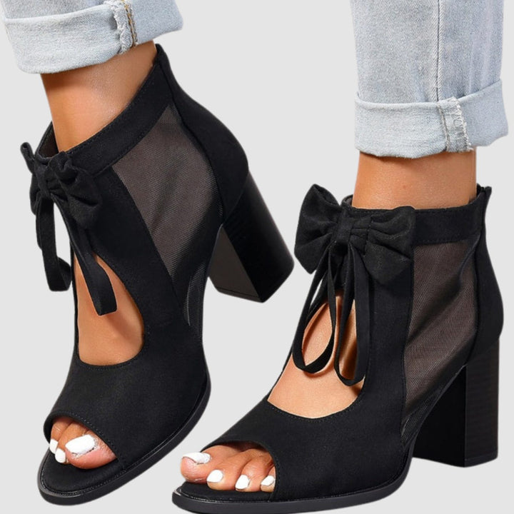 Women's Suede Peep-Toe Block-Heel Bow-Tie Sandals - Black