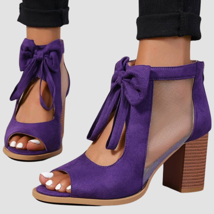 Women's Suede Peep-Toe Block-Heel Bow-Tie Sandals - Purple