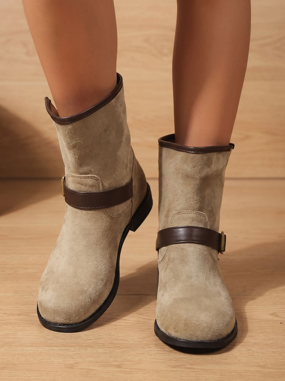 Women's Suede Slip-On Ankle Boots Buckle Strap Block Heel