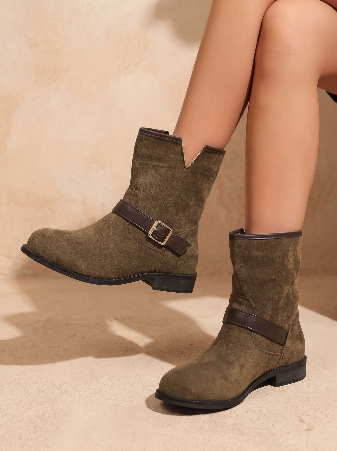 Women's Suede Slip-On Ankle Boots Buckle Strap Block Heel