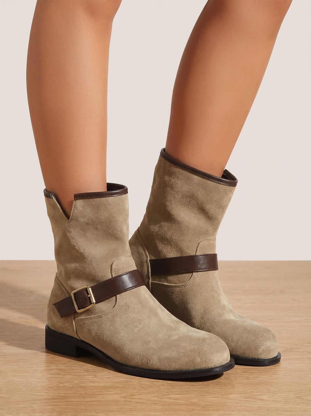 Women's Suede Slip-On Ankle Boots Buckle Strap Block Heel