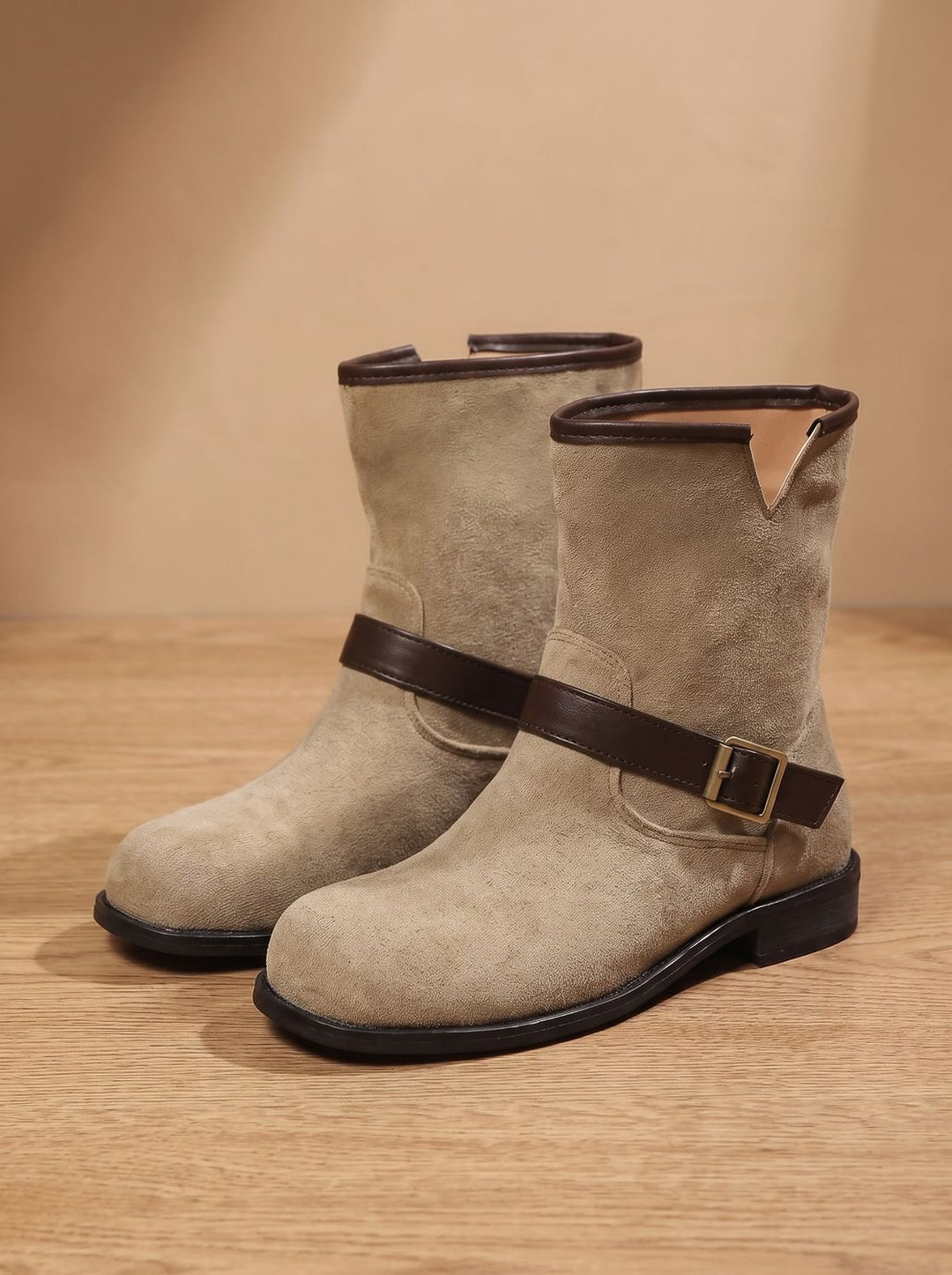 Women's Suede Slip-On Ankle Boots Buckle Strap Block Heel