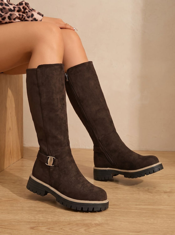 Women's Suede-Style Buckle Accent Side-Zip Knee High Boots - Brown