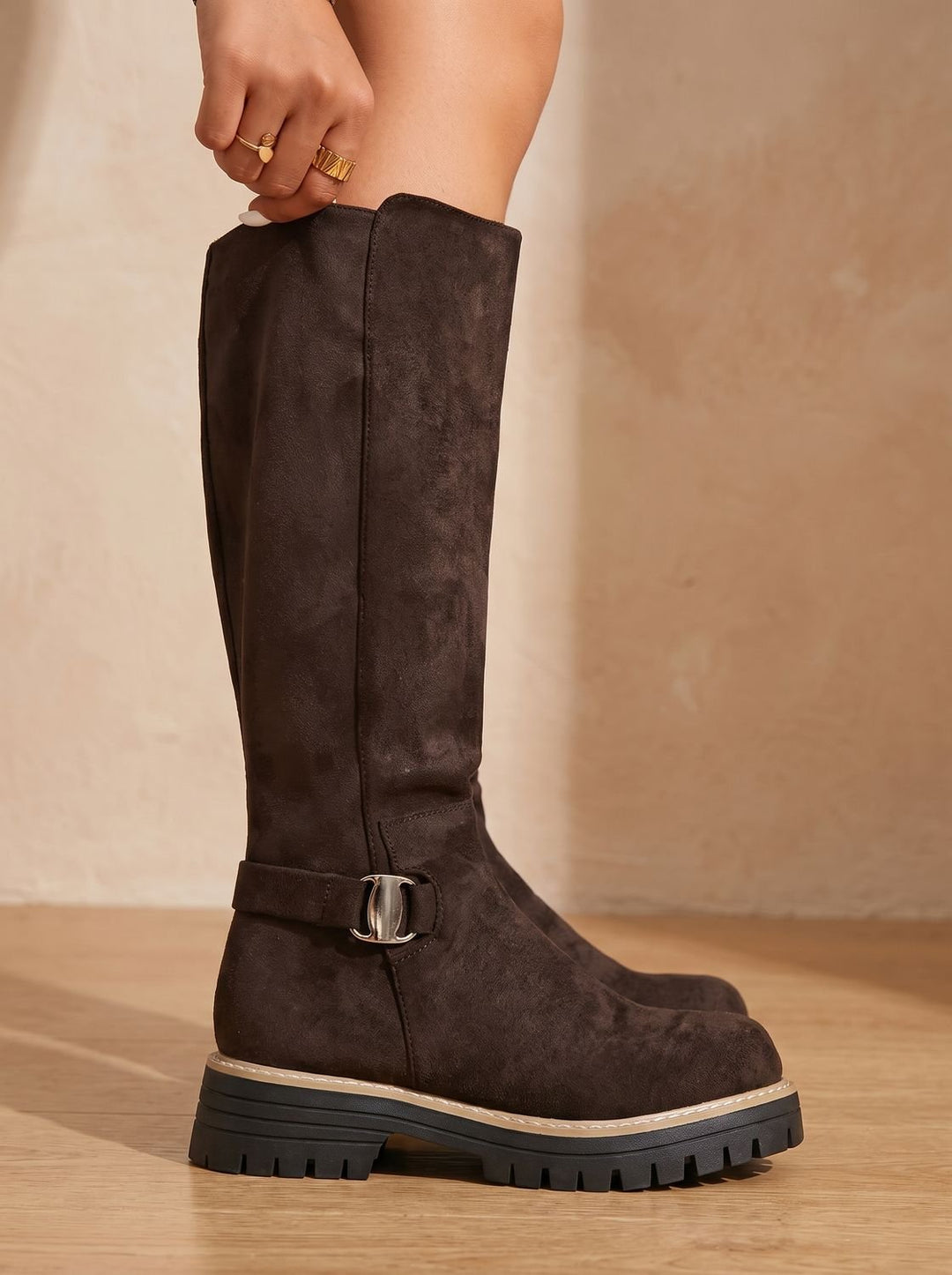 Women's Suede-Style Buckle Accent Side-Zip Knee High Boots
