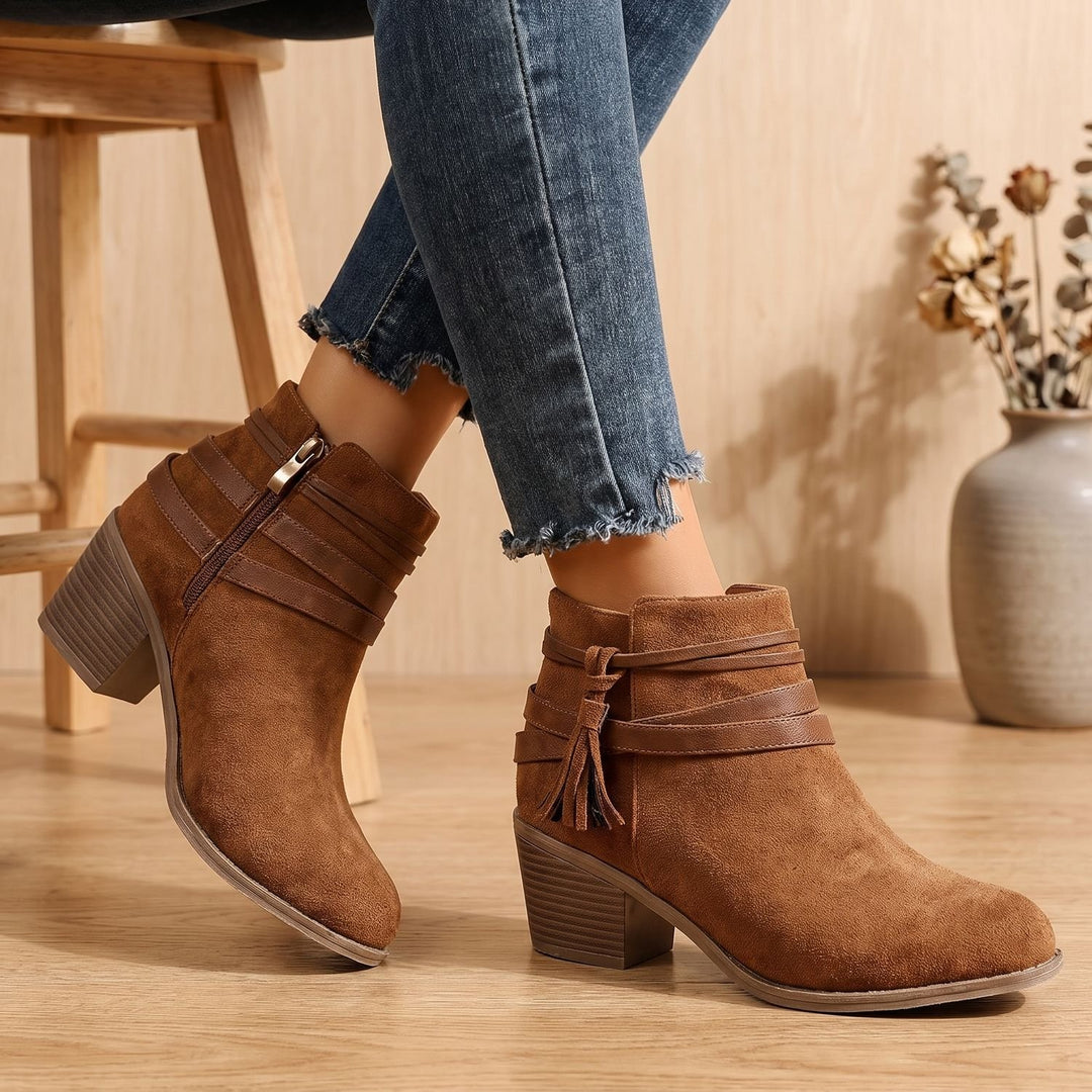 Women's Suede Tassel Block-Heel Ankle Boots Side Zip
