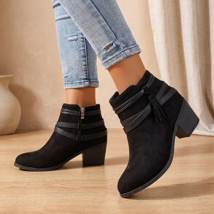 Women's Suede Tassel Block-Heel Ankle Boots Side Zip