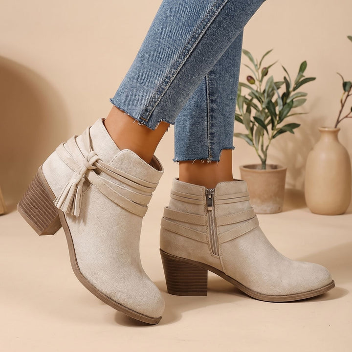 Women's Suede Tassel Block-Heel Ankle Boots Side Zip