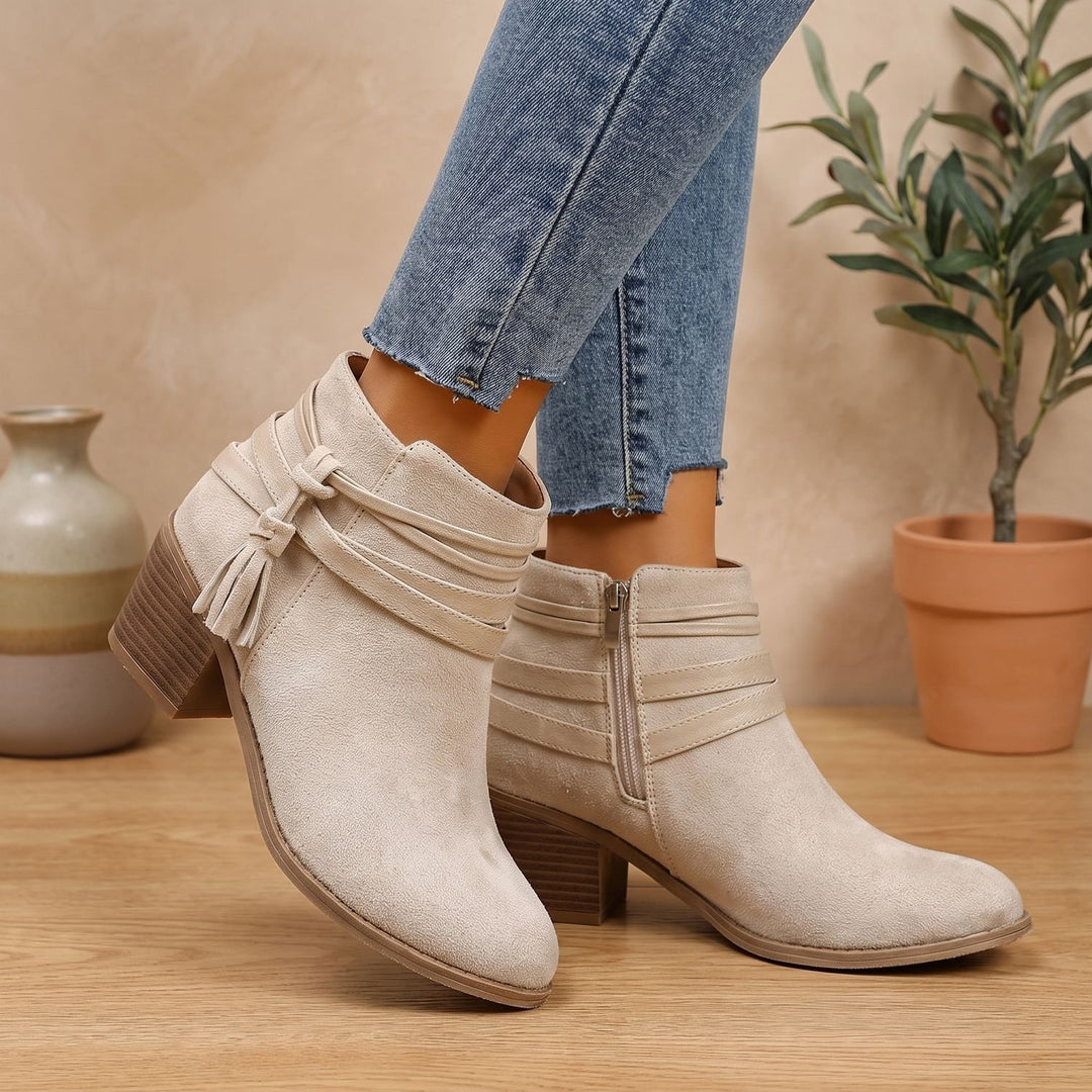 Women's Suede Tassel Block-Heel Ankle Boots Side Zip