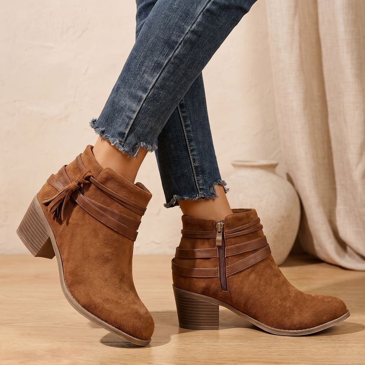 Women's Suede Tassel Block-Heel Ankle Boots Side Zip - Brown