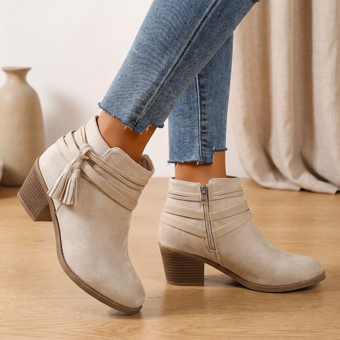 Women's Suede Tassel Block-Heel Ankle Boots Side Zip - Beige