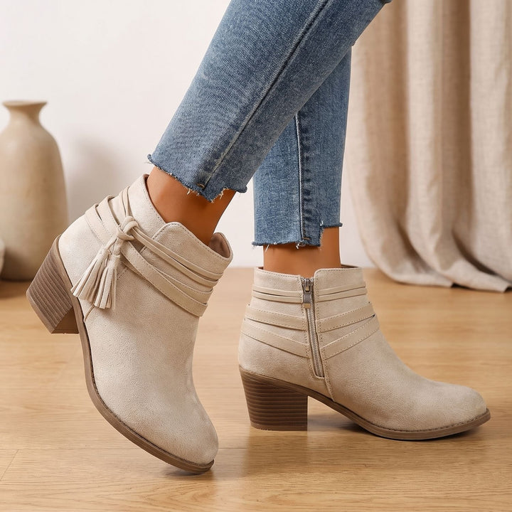 Women's Suede Tassel Block-Heel Ankle Boots Side Zip - Beige