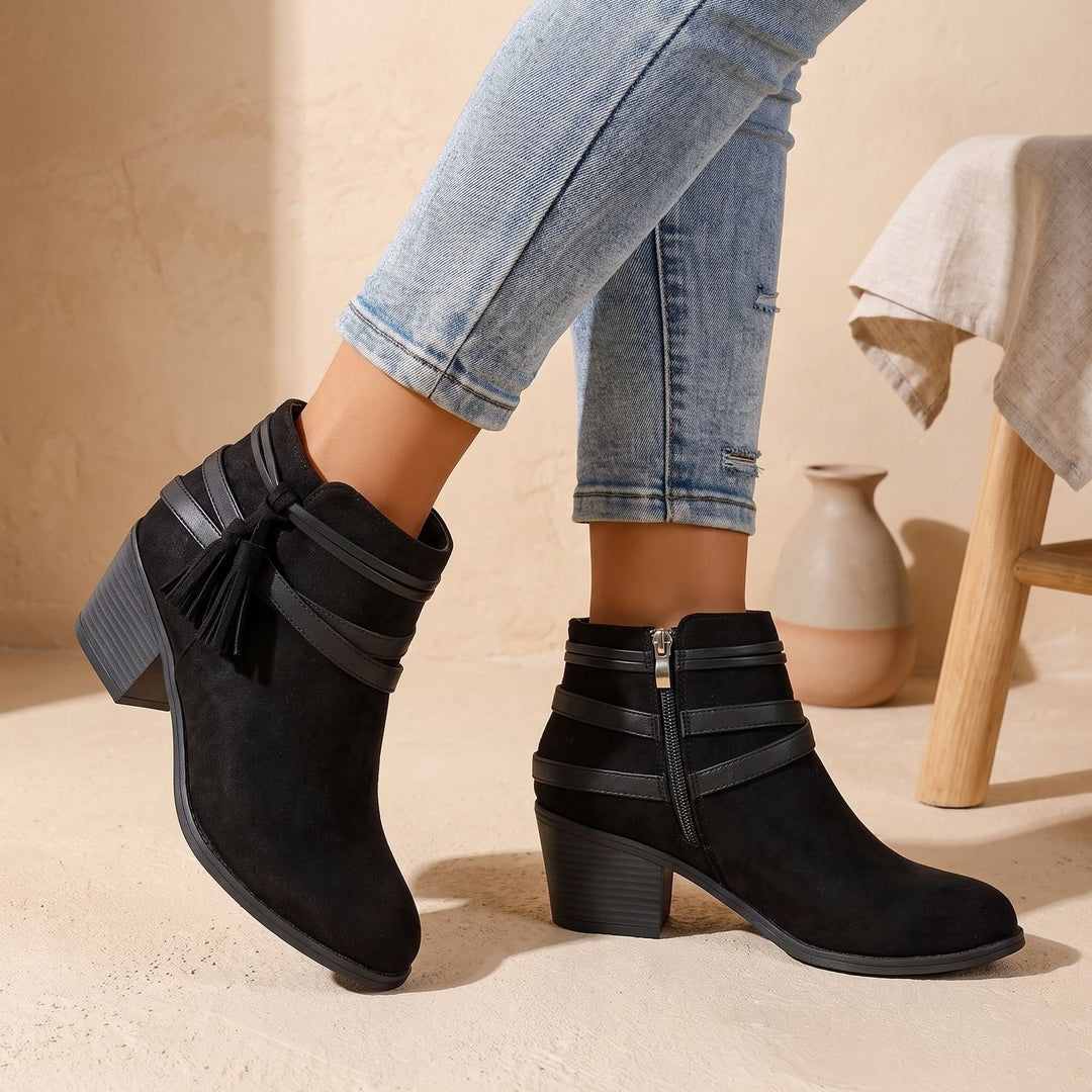 Women's Suede Tassel Block-Heel Ankle Boots Side Zip - Black