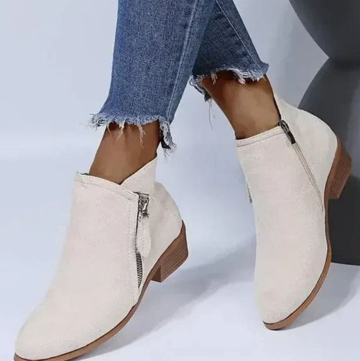 Women's Suede V-Cut Zip-Up Block Heel Ankle Boots - Bone