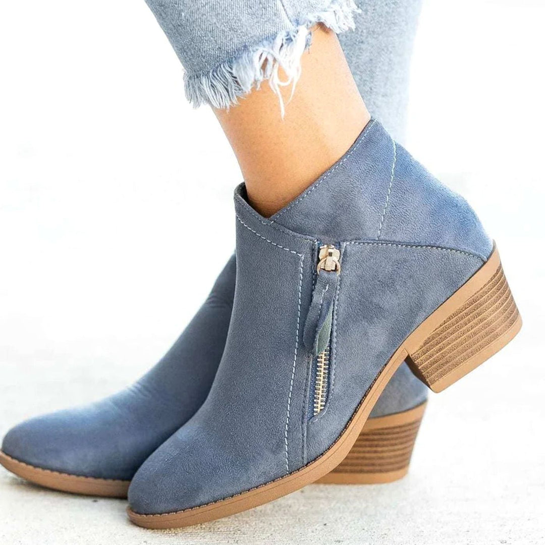 Women's Suede V-Cut Zip-Up Block Heel Ankle Boots - Blue