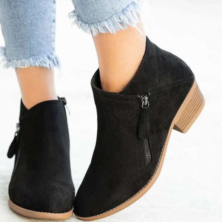 Women's Suede V-Cut Zip-Up Block Heel Ankle Boots - Black