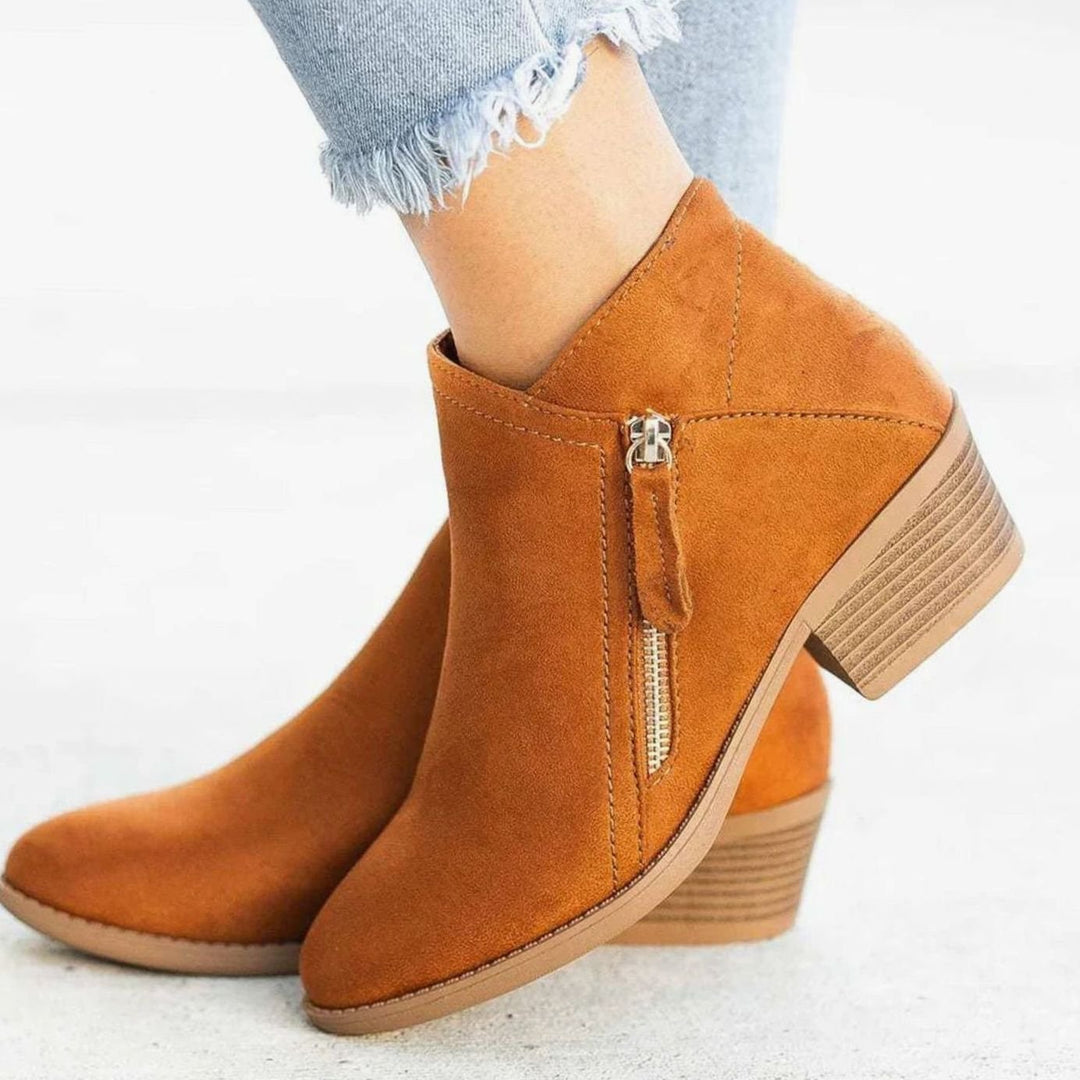 Women's Suede V-Cut Zip-Up Block Heel Ankle Boots - Orange