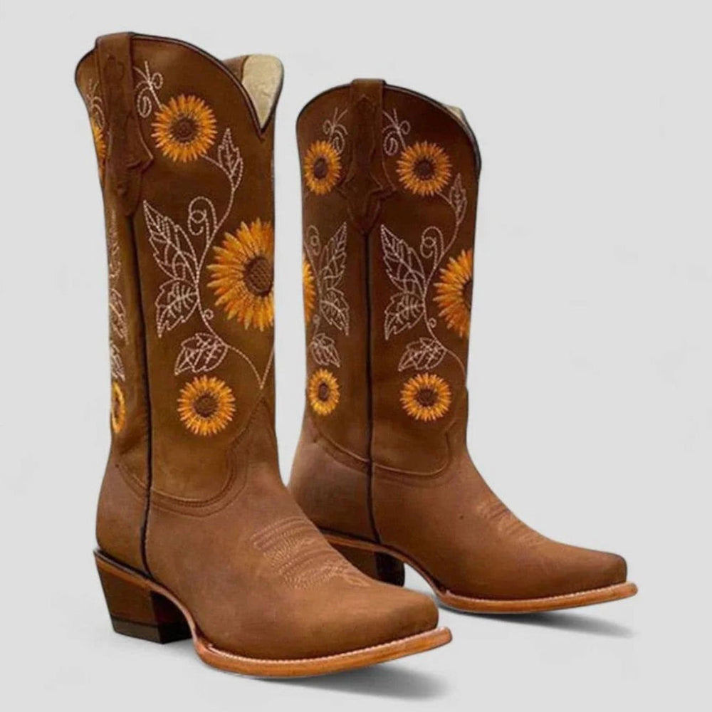 Women's Sunflower Embroidered Square-Toe Western Cowboy Boots - Brown