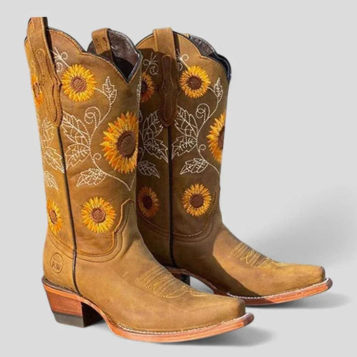 Women's Sunflower Embroidered Square-Toe Western Cowboy Boots - Khaki